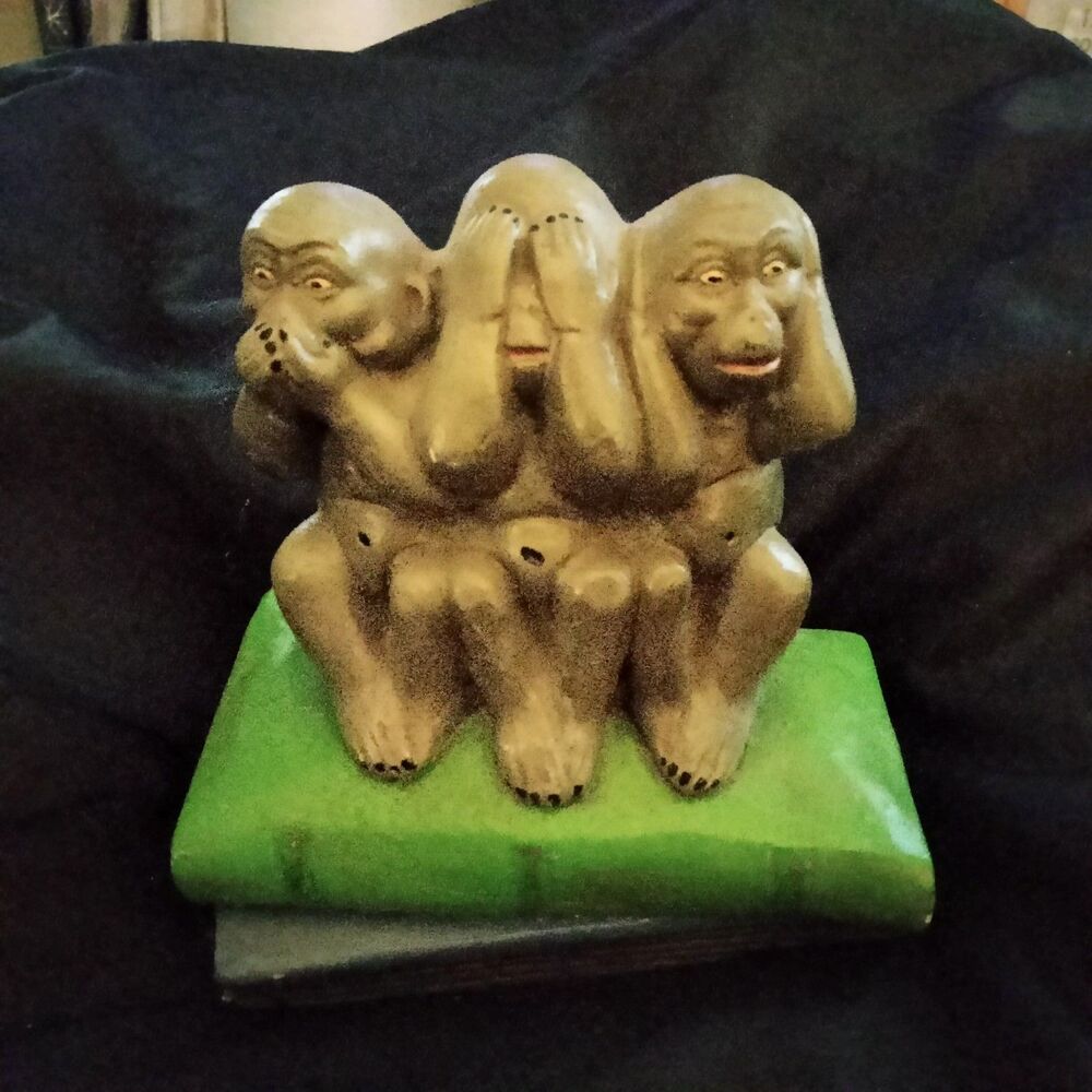Vintage 1970s Hand Made Chalkware Three Wise Monkeys Books Plaster Figurine Folk